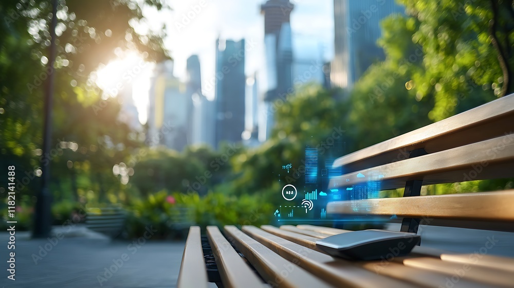 Poster sleek and modern park benches equipped with iot sensors that collect real time data on air levels an