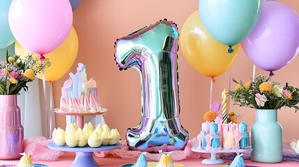 A vibrant birthday party table setup with number 1 balloons and pastel-colored decorations