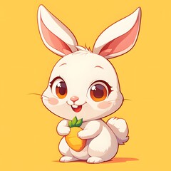 Fototapeta premium 2D cartoon illustration of a fluffy rabbit holding a carrot on a clean plain background