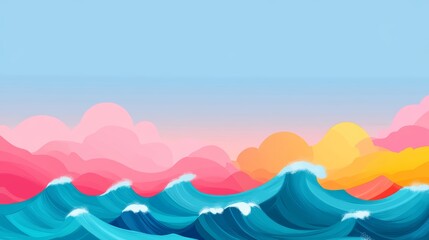 Colorful Waves and Sunset Sky with Vibrant Clouds Art