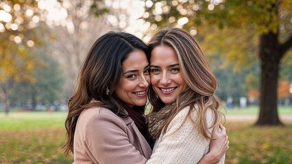 Fototapeta premium Two Women Hugging in a Park Surrounded by Autumn Leaves, Over-the-Shoulder Perspective, Soft Diffused Light Creating a Cozy Mood