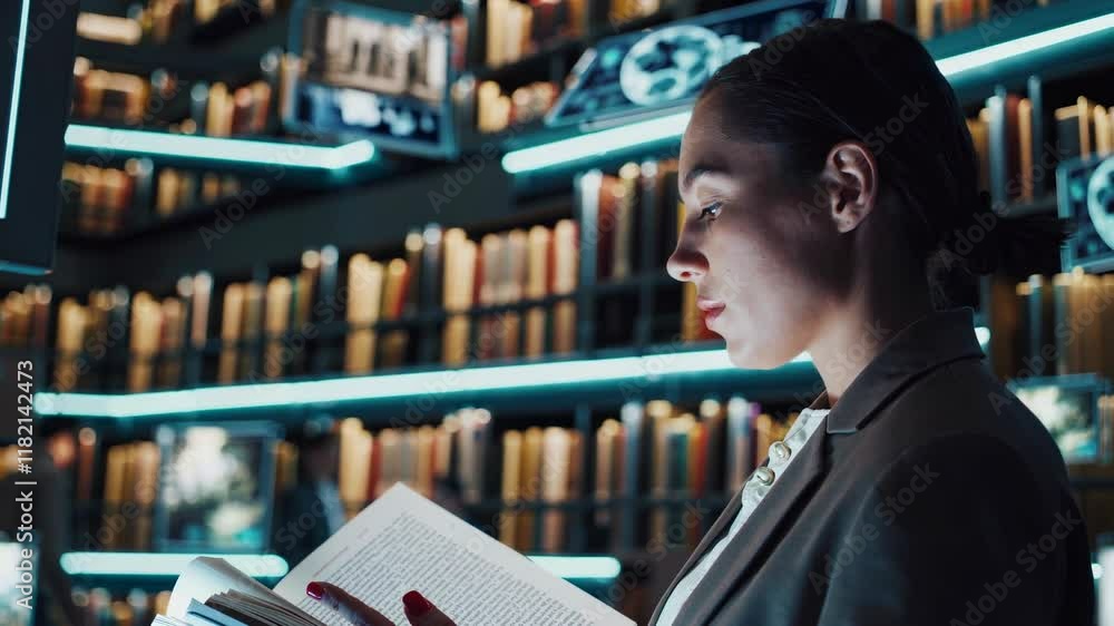 Leinwandbilder exploring a futuristic library filled with holographic displays and digital interactions