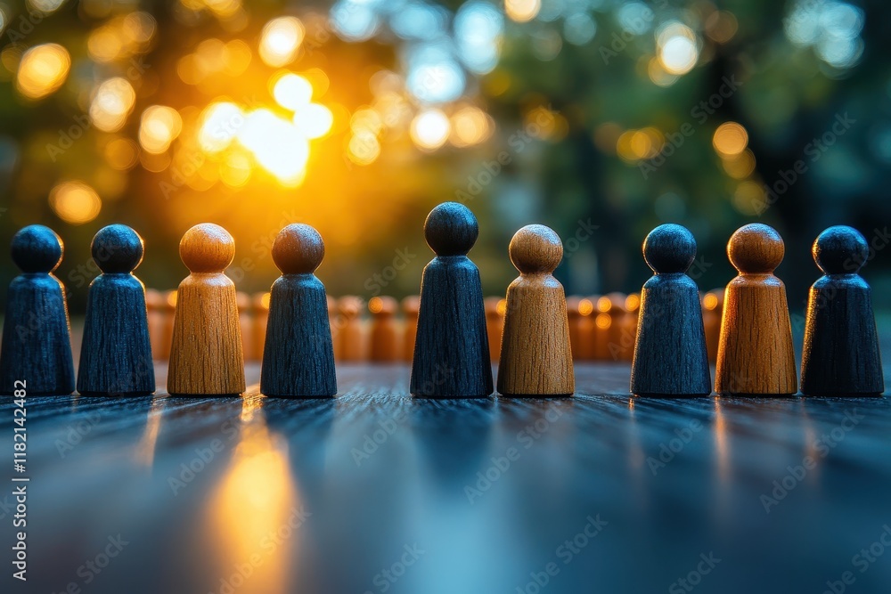 Poster wooden figures in alignment against a glowing sunset backdrop depicting teamwork, strategy, and unit