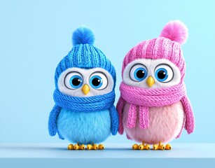 Obraz premium Two adorable cartoon snow owls in hats and scarves as a family.