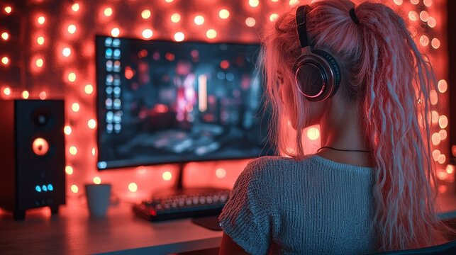 Immersive depiction of an online gaming stream with a dedicated gamer wholly engrossed in the gameplay, effectively communicating with viewers through a vibrant digital setup