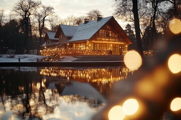 Cozy Winter Retreat: A Beautifully Illuminated Cabin by the Lake Surrounded by Snowy Trees at Twilight.