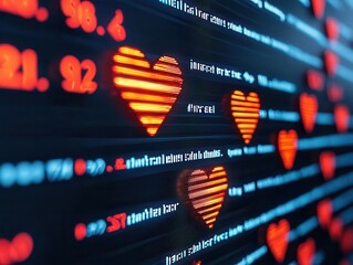 Heartthemed stock tickers scrolling through a futuristic trading platform, Valentines innovation, finance tech, romantic market