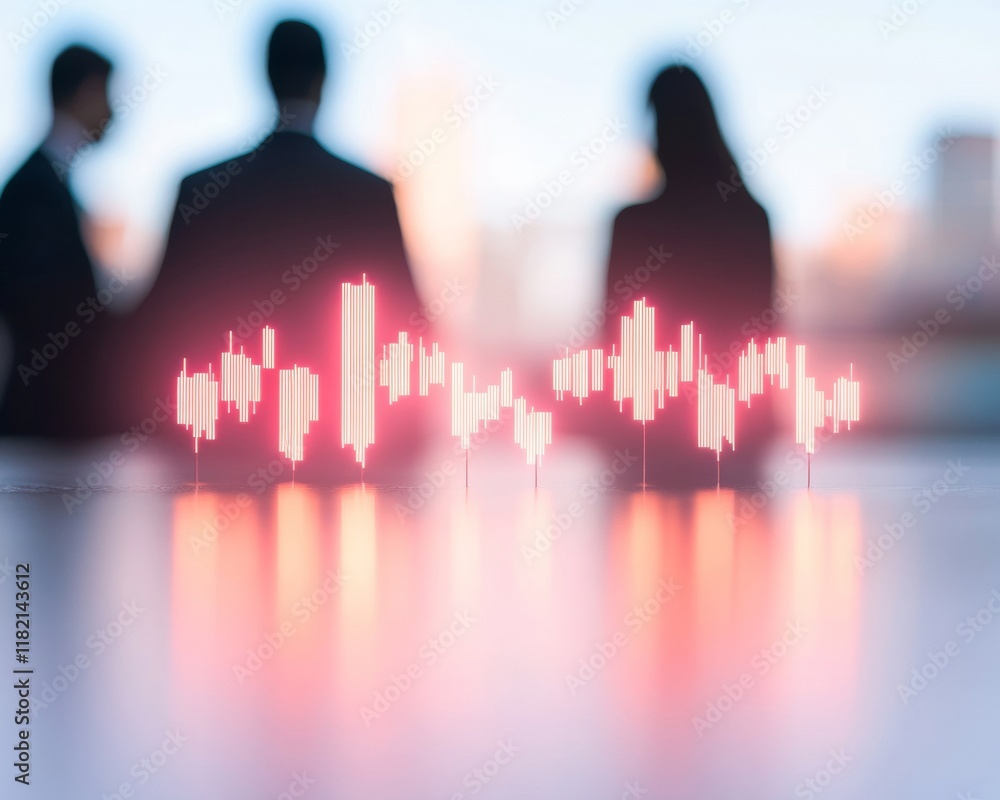 Poster blurred business figures analyzing financial charts with surreal glowing effects