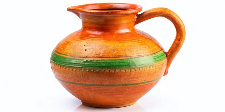 Spanish Clay Water Jug, Botijo,  Isolated on White Background - Traditional Pottery