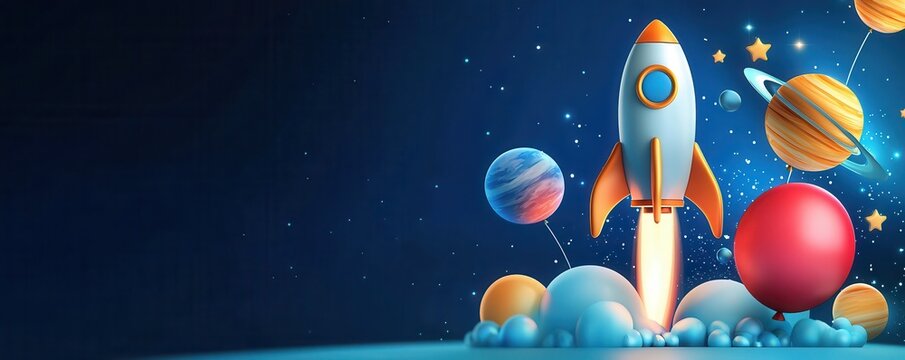 Rocket-themed birthday celebration outer space cake design colorful environment playful viewpoint imaginative concept