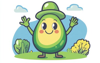 A cheerful avocado character with a smiling face, waving in a clip art style, with simple shapes and bright colors, designed for a coloring page. 