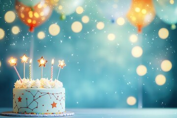 Sparkling starry birthday celebration with constellation cake festive venue dessert photography magical atmosphere close-up view joyful concept