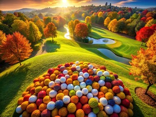 Aerial Thanksgiving golf cornucopia.  Autumn-themed golf balls.