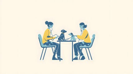 A simple flat vector illustration of two people with their dog in the pet clinic