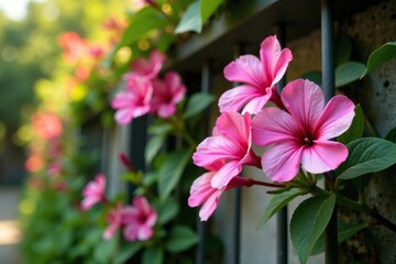 Pink Ruellia tuberosa flowers blooming on a fence or wall with vines and foliage, tropical, nature, foliage