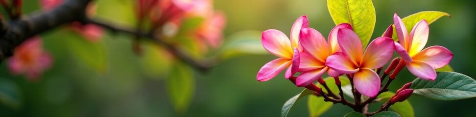 Fototapeta premium Plumeria tree with blooming flowers and foliage, blooming plant, garden scene, sunlight filtering