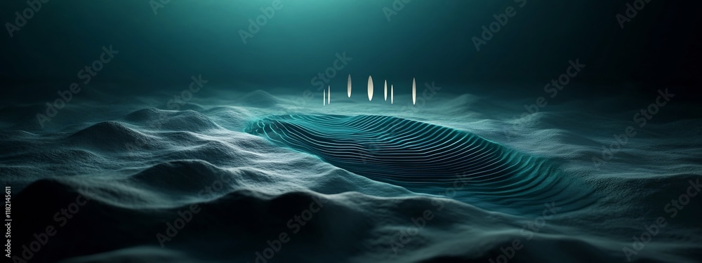 Poster a 3d rendered image of a sonar display showing the frequency of underwater echoes in a dark moody an