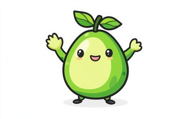 Cute avocado cartoon character in kawaii style, waving with simple lines and shapes, vector graphic on a white background. 