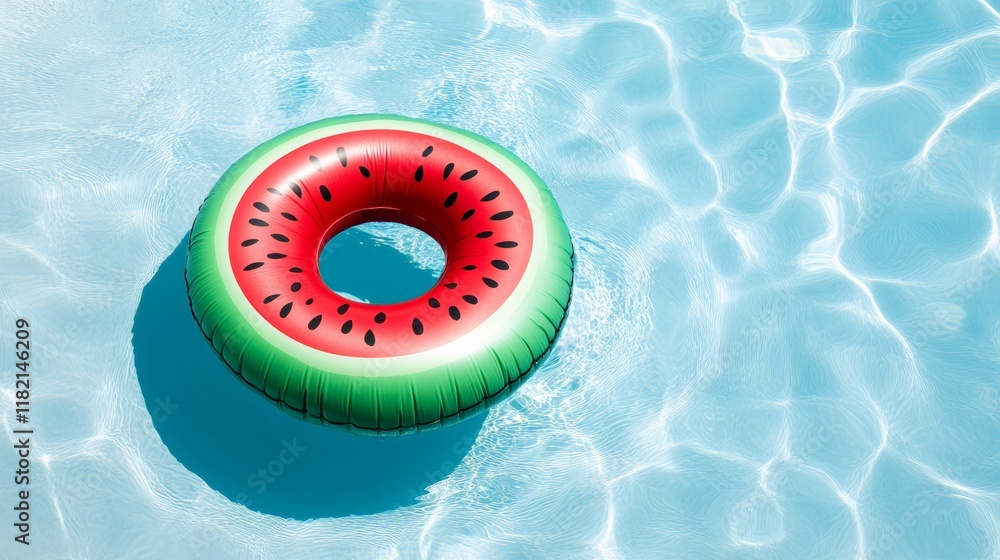 Aufkleber Bright inflatable ring shaped like a watermelon floating on the surface of a clear blue swimming pool, creating a refreshing and inviting scene perfect for summer holidays and relaxation
