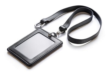 AI-created photo: black leather ID badge, lanyard, long exposure, white background.