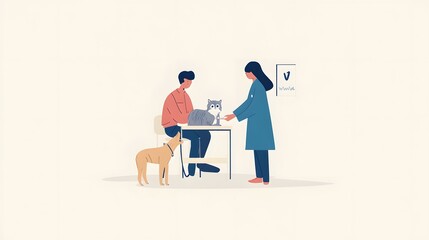 A simple flat vector illustration of two people with their dog in the pet clinic