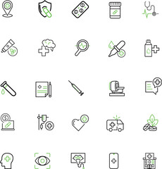 A modern medical icon set, including stethoscopes, blood tests, ambulances, and genetic codes. Perfect for clinics, apps, or presentations.