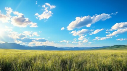 Obraz premium Serene Grassland Under Blue Sky - Tranquil landscape, vast meadow, sunny day, freedom, peace. Symbolizes nature's beauty, serenity, hope, and boundless potential.