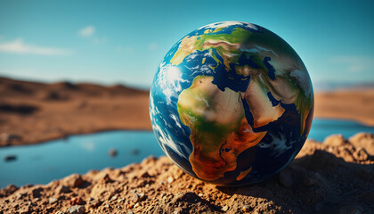 vivid colorful earth planet on ground, idea concept for imagination and optimistic bright side of this world, hyperrealism, with white tones