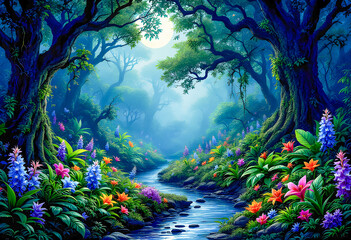 a vibrant jungle night comes alive with glowing plants, exotic animals, and mysterious shadows, creating an enchanting atmosphere full of color and life under the starry sky