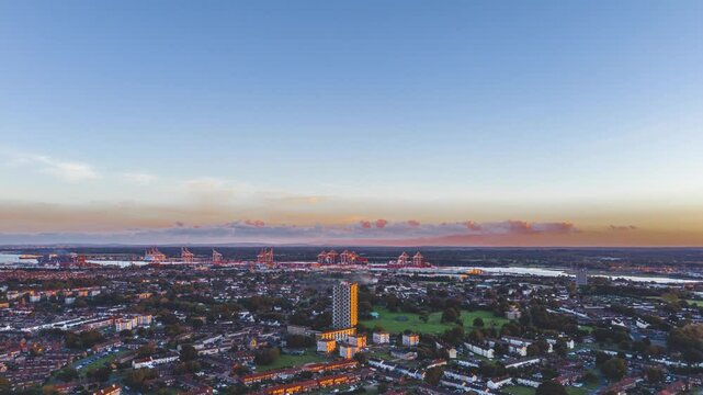 Time-lapse aerial footage of the South Acton area at sunset in Acton town, West London, England, UK