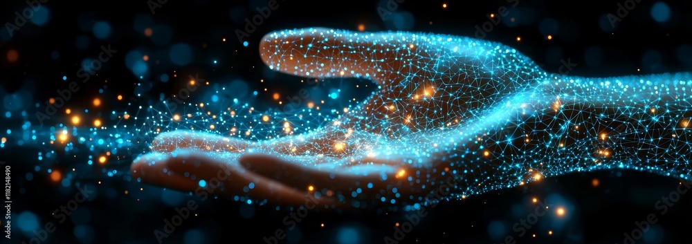 Poster a hand engaging with a luminous touchscreen, representing the interaction and connection between hum