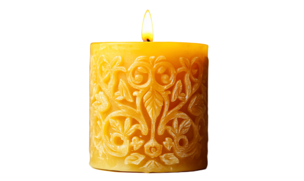 A serene candle with complex pattern, orange hue, on a dark back