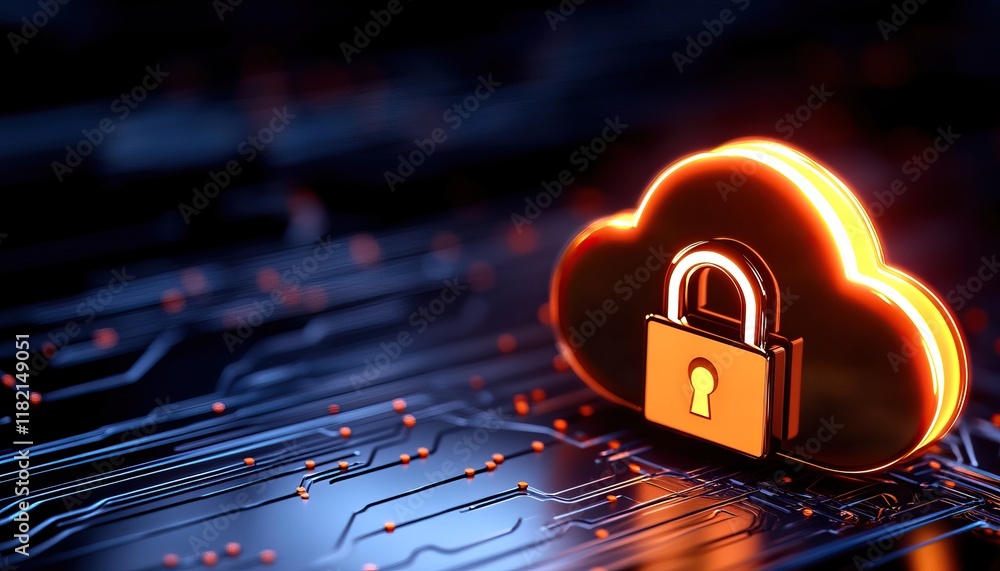 Poster a glowing cloud symbol with a padlock, representing secure cloud storage and data protection on a di