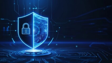 Data Protection in Cybersecurity and Privacy Technologies Shield on the Left and Padlock Connecting Polygons on a Dark Blue Background.