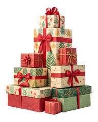 Pile of colorful gift boxes with red ribbons and bows isolated on white background. Present boxes for holidays