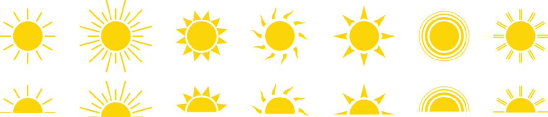 Sun vector set yellow color on white background. Sun icons collection. Yellow sun icon set, sunshine and solar glow, sunrise or sunset. Vector illustration with white background.
