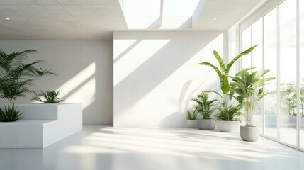 Sunlit minimalist lobby; plants, white walls, glass doors, outdoor view