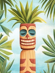 Calm tiki totem mask illustration with tropical leaves and soft background colors, ideal for posters, decor, and summer-themed advertising..
