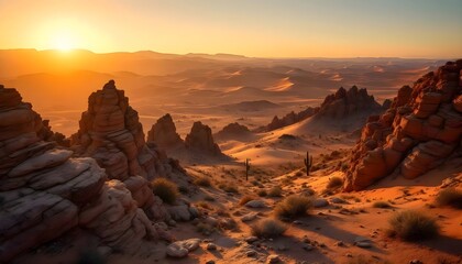 Fototapeta premium Golden sunset paints layered mountains in warm hues. Ethereal light creates depth, offering a tranquil, majestic landscape view. Nature's beauty.