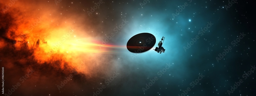 Poster a 3d rendered image of a spectrometer analyzing the light frequency emitted from a celestial object 