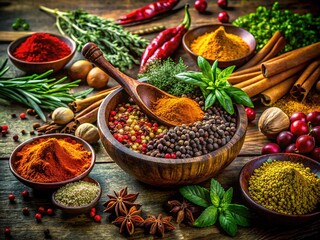 Fototapeta premium Aromatic spices, herbs, and a bowl, layered in light.