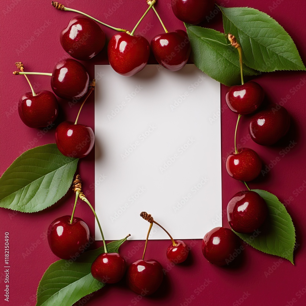 Poster a vibrant layout featuring fresh cherries and green leaves surrounding a blank white space, perfect 
