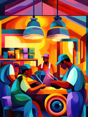 Illustration of a vibrant workshop scene with workers collaborating under warm lighting, ideal for teamwork and productivity posters..