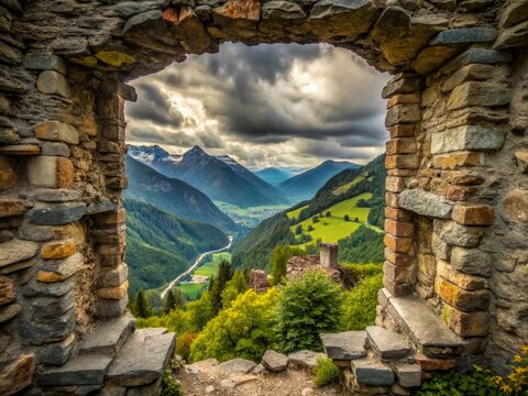Splugen Castle Ruin Window View: Historic Swiss Alps Landscape Photography