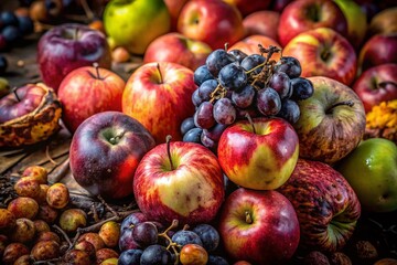Spoiled Harvest: Rotten Apples and Grapes, Left Composition with Copy Space