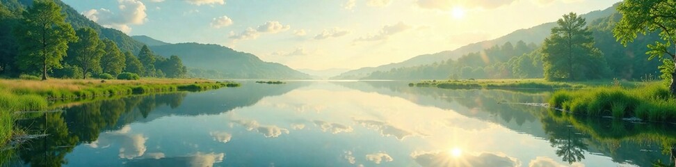 Reflections shimmer on calm waters of Marsh Lake, flat, greenery, landscape