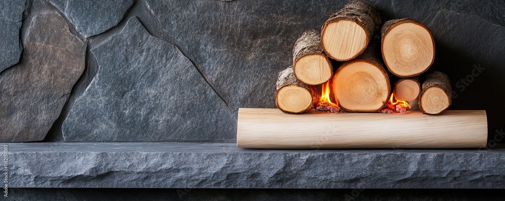 Poster a cozy arrangement of neatly stacked logs on a stone shelf, creating a warm and inviting atmosphere.