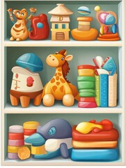Obraz premium Illustration of a toy shelf filled with colorful plush animals, books, and playful decorations, ideal for kids store posters and retail advertising..