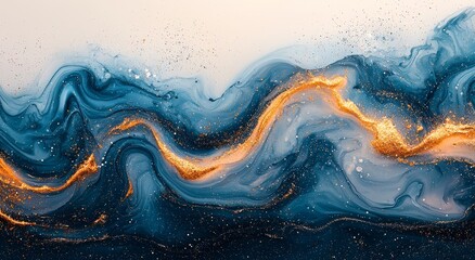 Fluid blue and gold abstract art characterized by swirling forms and metallic details on a transparent canvas