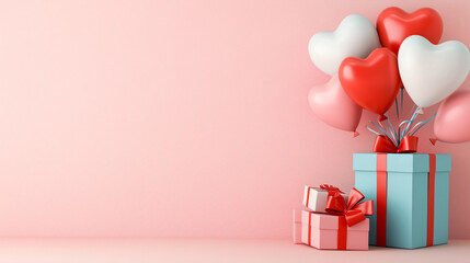 Colorful heart shaped balloons and gift boxes create festive Valentine Day atmosphere. soft pink background enhances romantic theme, perfect for celebrations